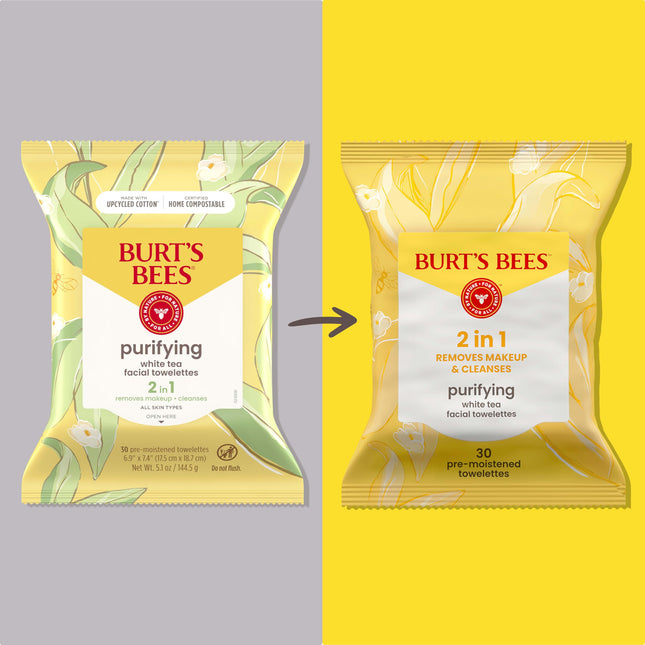 Burt's Bees Facial Cleansing Towelette Wipes for Normal Skin with White Tea Extract, 30 Counts (Package May Vary)