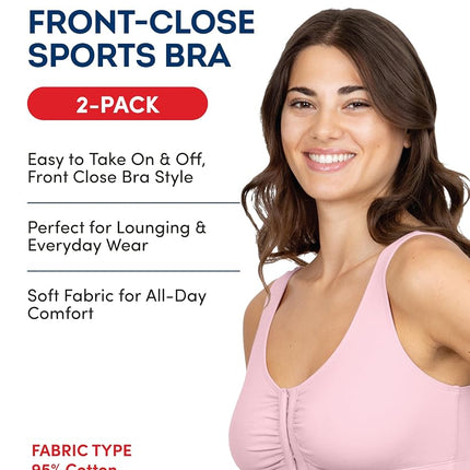 Fruit of the Loom Women's Front Closure Cotton Bra Sports, Opaque, Blushing Rose/Charcoal Heather 2-Pack, 34 (Pack of 2)