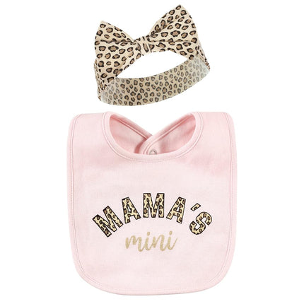 Hudson Baby Babero y Conjunto de Diadema o Gorro de Algodón Unisex para Bebé, Estampado de Leopardo "Mamas Mini", Talla Única