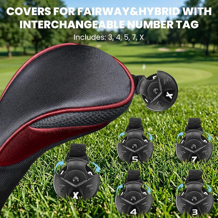 FINGER TEN Golf Club Head Covers for Woods Driver Fairway Hybrid Value 3/5 Pack, Long Headcover Interchangeable Accessories for Ultimate Club Protection (Red&Black(1D+2F+2H))