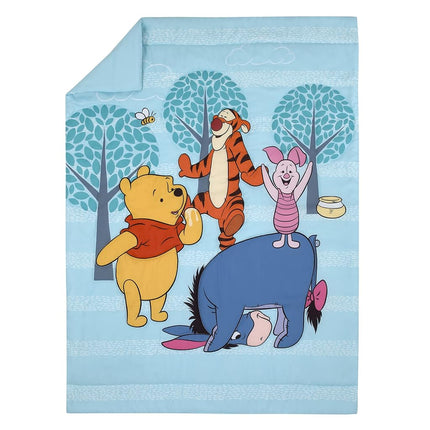 Disney Winnie The Pooh Funny Friends Aqua, Gold, Blue and Orange, Tigger, Eeyore and Piglet 4 Piece Toddler Bed Set - Comforter, Fitted Bottom Sheet, Flat Top Sheet, and Reversible Pillowcase