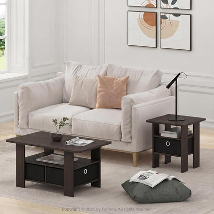 Furinno ANDREY Coffee Table with Storage and Bin Drawer, Dark Brown