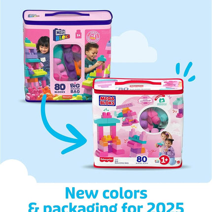 MEGA BLOKS Fisher-Price Toddler Block Toys, Big Building Bag with 80 Pieces and Storage Bag, Pink, Gift Ideas for Kids Age 1+ Years, DCH62