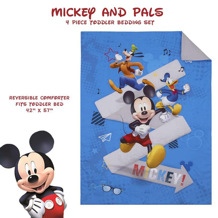 Disney Mickey Mouse and Pals 4 Piece Toddler Bedding Set - Fitted Sheet, Pillow Case, Top Sheet, and Comforter Quilt - Blue