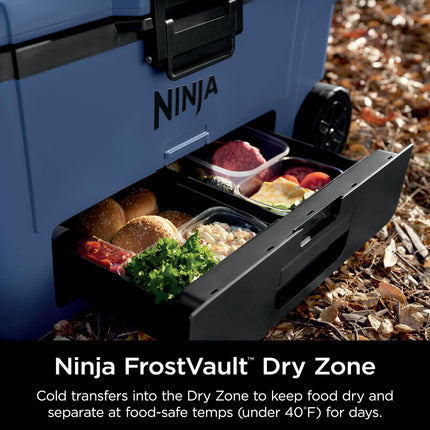 Ninja | Nevera | Nevera FrostVault 65QT con ruedas | Aislada con cajón de almacenamiento seco a temperatura | Mantiene el hielo frío durante días | Para la playa, camping, picnics y más | Azul Lakeshore | FB265BL