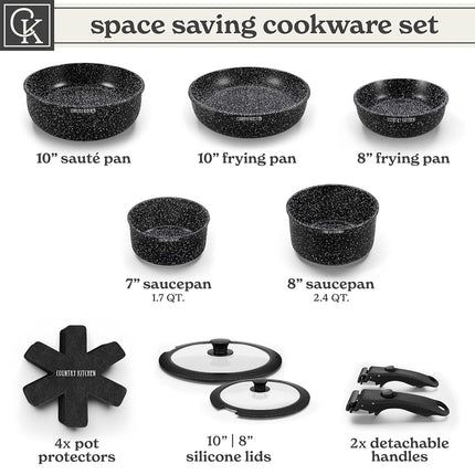 Country Kitchen 13 Piece Pots and Pans Set - Safe Nonstick Cookware Set Detachable Handle, Kitchen Cookware with Removable Handle, RV Cookware, Oven Safe (Black)