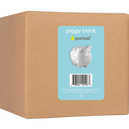 Pearhead Large Piggy Bank, Ceramic Money Bank For Kids, Baby Keepsake Gift, Gender Neutral Nursery Décor, Grey Polka Dot
