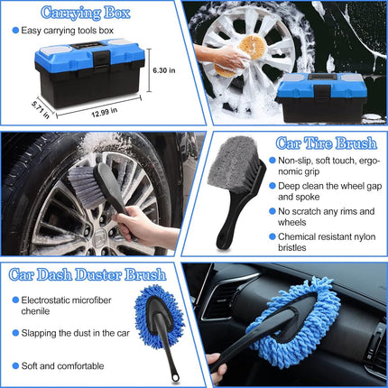 27Pcs Car Detailing Kit, Car Detailing Brush Set, Auto Detailing Drill Brush Set, Car Detailing Brushes, Car Wash Kit, Car Accessories, Car Cleaning Tools Kit for Interior, Exterior, Wheels Blue, Blue, 27PCS-Blue