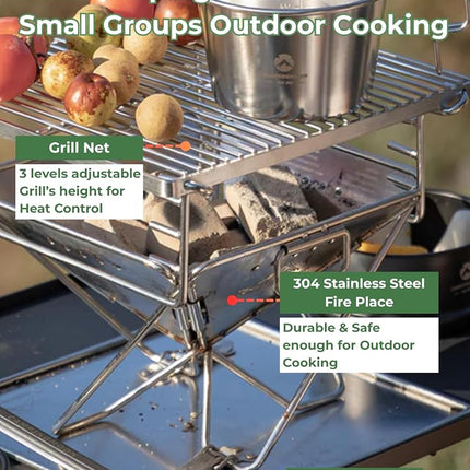 CAMPINGMOON Portable Charcoal Grill 9.65 Inch Stainless Steel Tabletop Grill Fire Pit 3 Level Adjustable Height Grill for Camping Outdoor Cooking Barbecue Carry Bag X-MINI-PRO