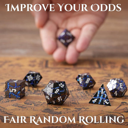 Metal Dice for DND - Ancient Cracked - Black Blue Glitter Cracks