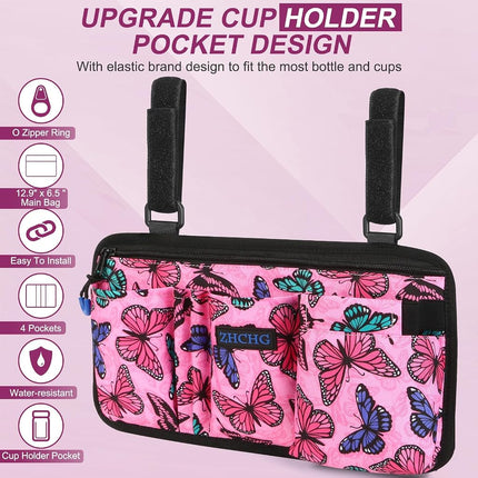 Wheelchair Side Bag, Wheel Chair Armrest Pouch Accessories with Cup Holder
