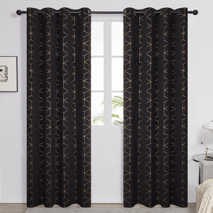 Deconovo Black Blackout Curtains 2 Panels with Gold Diamond Foil Print, Room Darkening Thermal Insulated Sun Blocking Grommet Curtain Panels for Living Room, 52W x 95L Inch