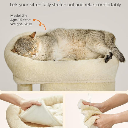 Feandrea Cat Tree Tower, 67 cm, S, Condo for Kittens up to 7 lb, Large Perch, 2 Caves, Scratching Post, Beige UPCT611M01