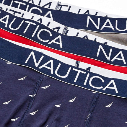 Nautica Mens 3-Pack Classic Underwear Cotton Stretch Boxer Brief, Nautica Red/Platinum Grey/Sail Print Peacoat, X-Large
