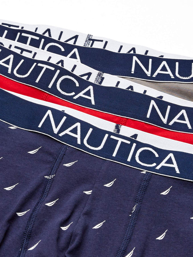 Nautica Mens 3-Pack Classic Underwear Cotton Stretch Boxer Brief, Nautica Red/Platinum Grey/Sail Print Peacoat, X-Large