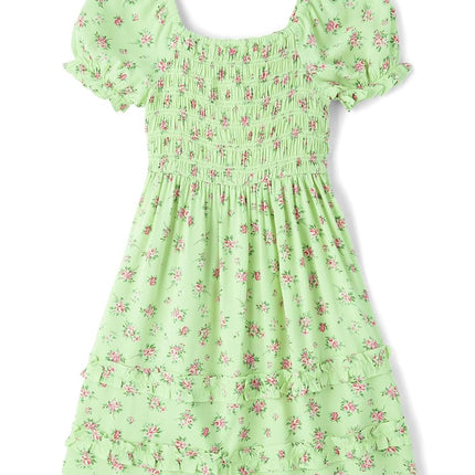 The Children's Place Girls' Short Sleeve Smocked Summer Dresses, Green Floral, X-Small