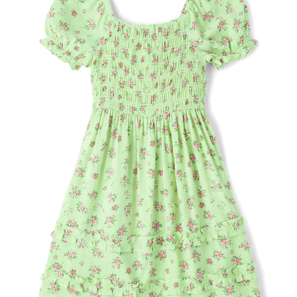The Children's Place Girls' Short Sleeve Smocked Summer Dresses, Green Floral, X-Large