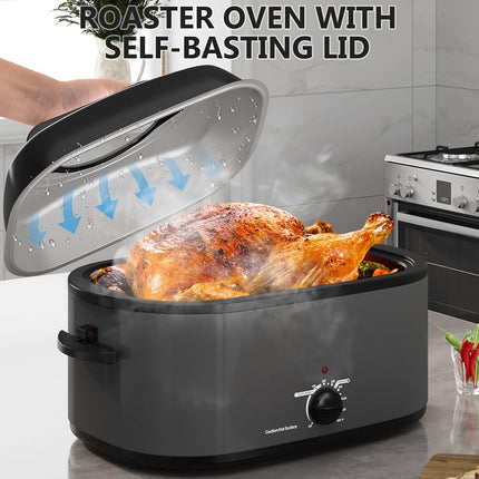 Four rôtissoire SUNVIVIPRO 28 pintes, rôtissoire électrique à dinde avec couvercle auto-arroseur, casserole et grille amovibles, contrôle de température variable, acier inoxydable, gris