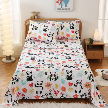 JSD Panda Floral Kids Sheet Set Full 4 Piece, Printed Microfiber Bed Sheets for Boys Girls Deep Pocket