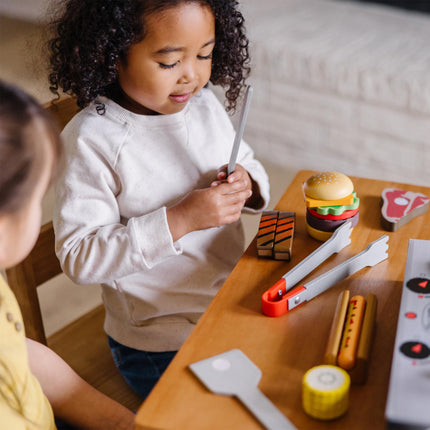 Melissa & Doug 9280 Grill and Serve BBQ Set (20 pcs) -Wooden Play Food and Accessories, Multi-Colored, 1 EA