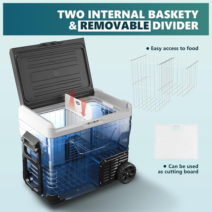 EUHOMY 12 Volt Refrigerator, 53QT(50L) Electric Cooler, Portable Freezer 12V/24V DC 110-240V AC, 12V Fridge -4℉~68℉, 12V Cooler with Wheels & 2 Baskets for Travel, Truck, Boat, Camping