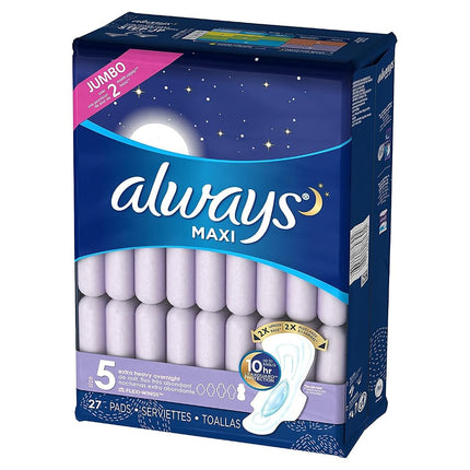 Always Maxi, Size 5, Extra Heavy Overnight Pads with Flexi-Wings, Unscented, 27 Count. 2 Pack. (Includes (2) 27-Count Packages So You are Getting 54 Pads Total.) Jumbo Pack. Over 4 Month Supply.