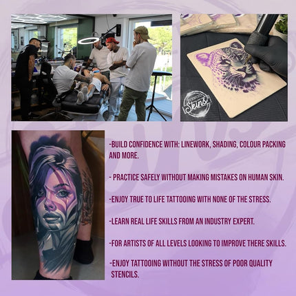 Stencil Skin 5 Pre Printed Tattoo Practice Skins Free Tutorial 3mm Fake Skins for Tattooing Traditional Set of 5, Extra Soft Skin