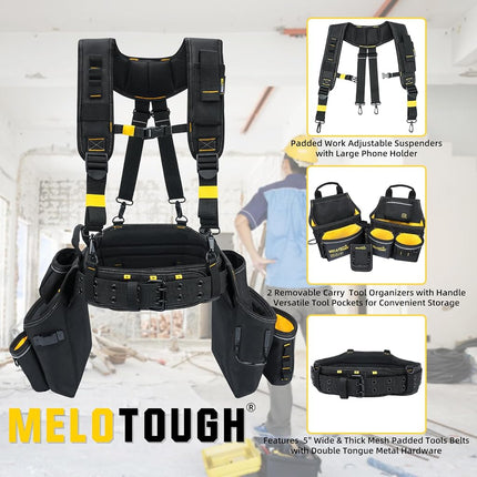 MELOTOUGH Carpenters Tool Belt with Suspenders Professional Tool Belt Combo Organizer With Tool Pouch Suspenders with 32 Pockets and Loops fits 33"-47"Waist for Electrican/Contractor/Technican(Yellow)
