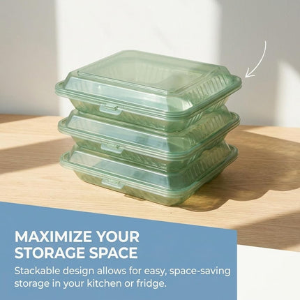 Contenedor FSE Reutilizable para Llevar, 3 Compartimentos, Sin BPA, 22.8 x 22.8 x 6.3 cm, Verde, Ideal para Preparación de Comidas, Apto para Microondas y Lavavajillas