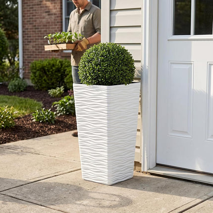 Worth Garden 2-Pack Tall Tapered Planter - Plastic White Square Plant Pots - 55CM Tall Large Tree Planter - Modern Matte Wavy Decorative Flower Pot for Indoor Outdoor Porch Deck
