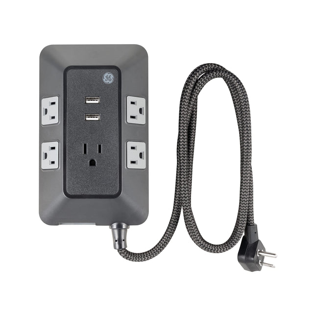 GE UltraPro 5-Outlet Surge Protector with USB Ports, 2 USB-A Ports, 2.4A, 3ft Braided Cord Power Strip Surge Protector, 560 Joules, Black, 73777