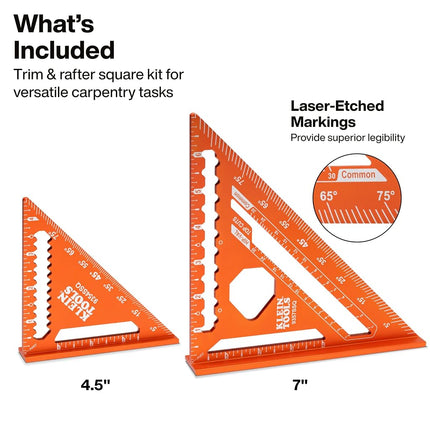 Klein Tools 93547SQVP Trim and Rafter Square Kit, 2-Piece, 4-1/2 and 7-Inch, Carpenter Square Set with Preset Angle Guide, Measuring Tools with Dual Reference Base for Carpentry