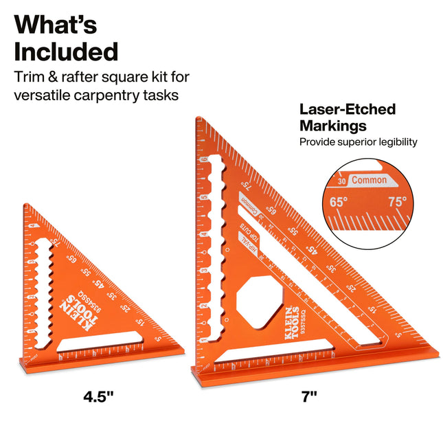 Klein Tools 93547SQVP Trim and Rafter Square Kit, 2-Piece, 4-1/2 and 7-Inch, Carpenter Square Set with Preset Angle Guide, Measuring Tools with Dual Reference Base for Carpentry