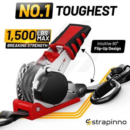 Strapinno Retractable Ratchet Straps (4-Pack), 2.5 cm x 3 m, 680KG Break Strength, Most Durable Straps and Core, Auto Self Retracting Tie Downs for Truck, Moving, Motorcycle, Bike, Jetski, Kayak