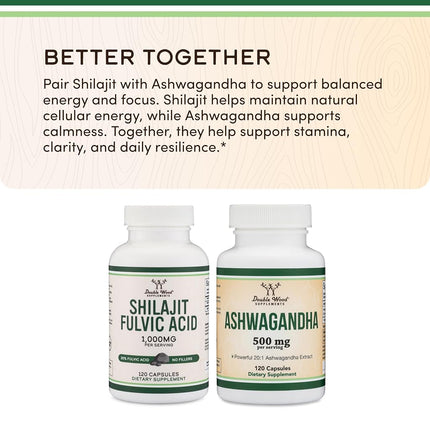 Shilajit Resin Capsules (20% Fulvic Acid Supplement) 1,000mg per Serving, 120 Count (No Fillers, Manufactured in The USA) by Double Wood Supplements