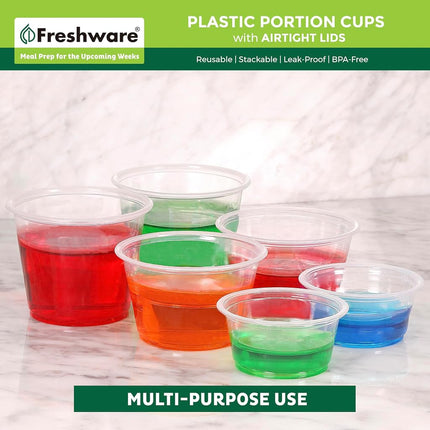 Vasos de porciones de plástico Freshware con tapas [3.25 onzas, 200 juegos] Vasos de plástico desechables para preparación de comidas, aderezos para ensaladas, vasos para chupitos de gelatina, vasos para soufflé, vasos para condimentos y salsas