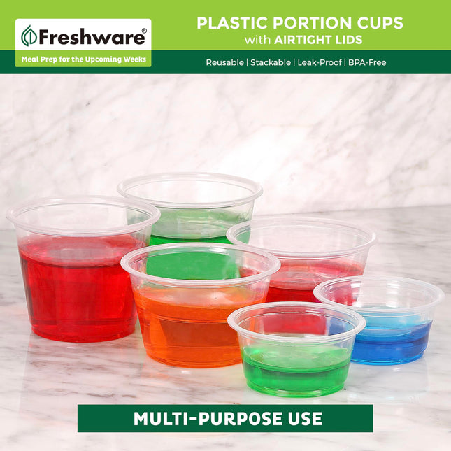 Freshware Plastic Portion Cups with Lids [2 Ounce, 100 Sets] Disposable Plastic Cups for Meal Prep, Salad Dressing, Jellos Shot Cups, Souffle Cups, Condiment and Dipping Sauce Cups