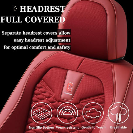 Coverado Car Seat Covers Full Set, Red Seat Covers for Cars 5 Seats, Breathable Fabric& Faux Leather Car Seat Cushions, Front and Rear Car Seat Protectors, Universal Seat Covers Fit for Most Vehicles