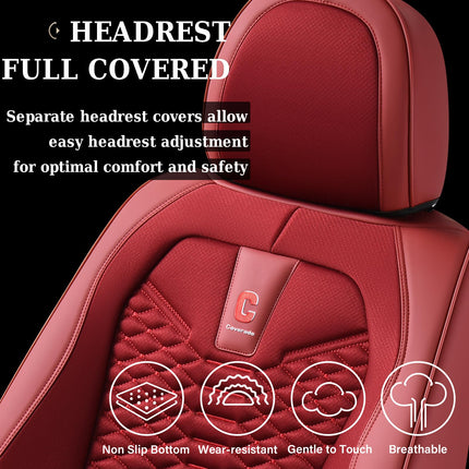 Coverado Car Seat Covers Full Set, Red Seat Covers for Cars 5 Seats, Breathable Fabric& Faux Leather Car Seat Cushions, Front and Rear Car Seat Protectors, Universal Seat Covers Fit for Most Vehicles
