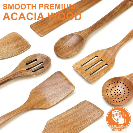 8 Pcs Best Acacia Wood Kitchen Utensil Set Wooden Spoons for Cooking Wok Turner Spatulas Bamboo Non Toxic Cooking Utensils Scraper Spurtle Kitchen Slotted Cooking Spoon Flat Egg Flipper Spatula Set