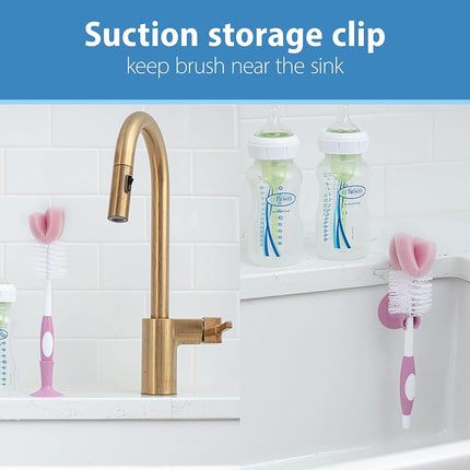 Dr. Brown's Reusable Sponge Baby Cleaning Set with Suction Cup Stand, Scrubber and Nipple Cleaner, 3 Pack, 3-Pack, Pink Bottle Brush, Pack of 3
