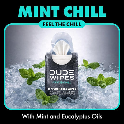 DUDE Wipes Mint Chill Pocket Packs - Travel Wipes - 12 Packs of 8 (96 Count) - On-The-Go Adult Flushable Wipes - Infused with Tea Tree Oil, Vitamin E, and Aloe - Septic and Sewer Safe