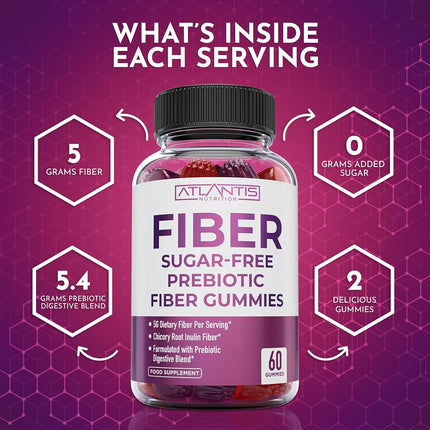 Gomitas de fibra prebiótica sin azúcar para adultos - Suplemento de fibra formulado con 5 g de fibra y 5,4 g de mezcla digestiva prebiótica. Favorece la salud intestinal y promueve una digestión saludable - Paquete de 2 (120 gomitas)
