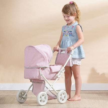 Olivia's Little World Buggy-Style Baby Doll Pram with Retractable Canopy, Storage Underneath, Detachable Bassinet, Travel Nursery Bag, Comfortable to Push, Pink and Grey