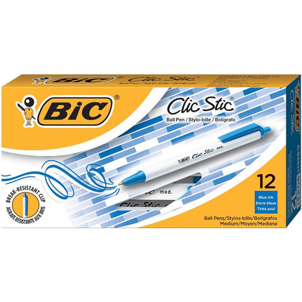 Bic Clic Stic Retractable Ball Pen, Medium Point (1.0mm), Blue, 12-Count