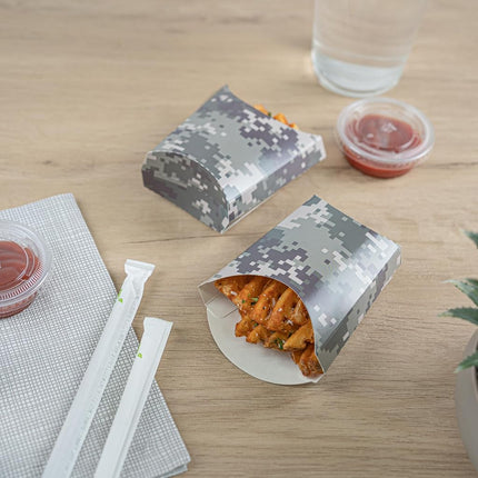 Bio Tek 3.9 x 2.6 x 3.5 Inch French Fry Cup, 100 Disposable Snack Cups - Stackable, Sustainable, Camouflage Paper 2 Ounce Fry Holder, For Fries, Onion Rings, Popcorn, or Cookies - Restaurantware