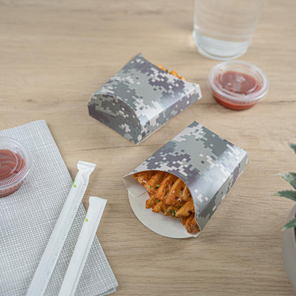 Bio Tek 3.9 x 2.6 x 3.5 Inch French Fry Cup, 100 Disposable Snack Cups - Stackable, Sustainable, Camouflage Paper 2 Ounce Fry Holder, For Fries, Onion Rings, Popcorn, or Cookies - Restaurantware