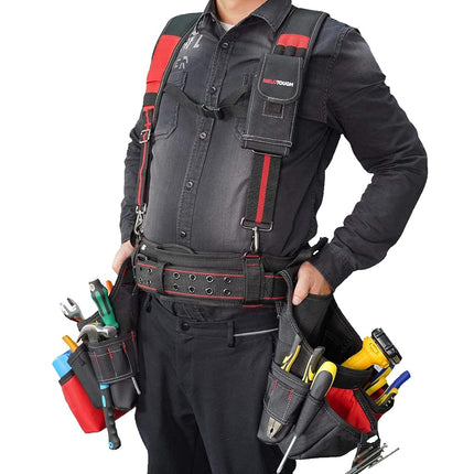 MELOTOUGH Tool Belt with Suspenders Braces Pro Framer Combo System-Magnetic Tool Pouch Build Heavy Duty Carpenter Tool Belt and Multi Function Tool Belt Suspenders（Red)
