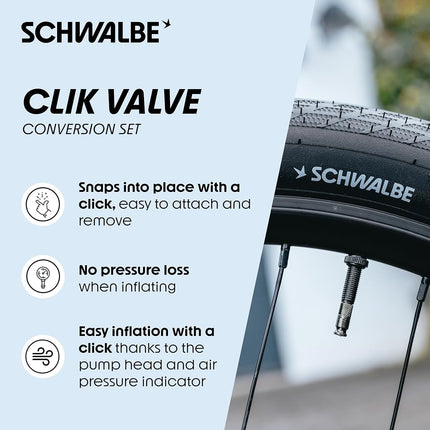 Schwalbe Clik Valve Conversion Set – Bicycle Valve Innovation for Inflating Tyres – Retrofit Kit for Presta/SV Valves with Pump Head