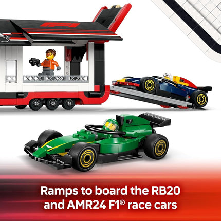 LEGO City F1 Truck with RB20 & AMR24 F1 Cars, Kids Toy for 8+ Year Old Boys & Girls, Formula 1 Toy with Aston Martin and Red Bull Racing Car, Construction Kit with Transporter and 5 Minifigures 60445